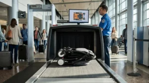 A lightweight travel stroller being collapsed down to fit through an airport TSA security x-ray scanner machine.