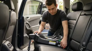 An infant car seat base installed securely on a vehicle rear seat using the LATCH safety system.