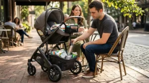 Close-up view of the spacious bottom storage basket, cup holder, and parent organizer tray on a travel system stroller.