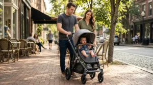 A travel system stroller converted into a toddler stroller with a forward-facing seat and a large storage basket underneath.