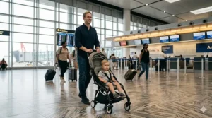 A high-detail 4K photo showing a smiling parent, matching the person in previous images, easily pushing a fully unfolded, sleek travel stroller with a child in it through a busy international airport terminal, demonstrating its smooth navigation.