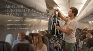 An ultra-compact travel stroller for cruise trips being loaded into an airplane overhead bin.