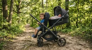 All-terrain double stroller for an infant and toddler with large rubber tires navigating a dirt trail.