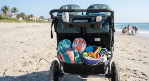 An all-terrain stroller equipped with a large cargo basket filled with beach towels and sand toys.