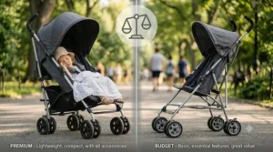 A side-by-side comparison illustration displaying the design differences between a budget and a luxury umbrella stroller.