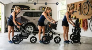 Demonstration of the easy compact fold feature on a modern lightweight jogging stroller.