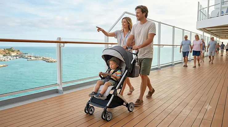 Happy family pushing a lightweight travel stroller for cruise vacations on an open-air ship deck.