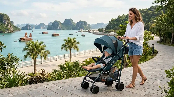 A modern lightweight umbrella stroller being pushed along a sunny park sidewalk by a parent.