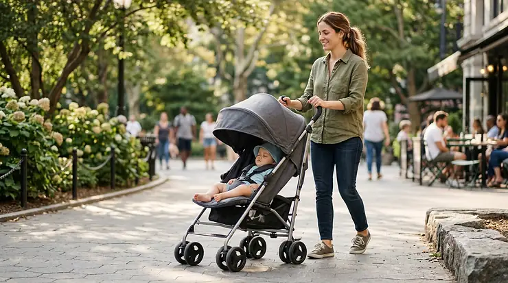 A lightweight reclining umbrella stroller in a modern charcoal gray color being pushed along a sunny city sidewalk.