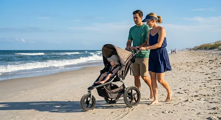 A family pushing an all-terrain baby stroller with large rubber wheels across a sandy beach. best stroller for beach