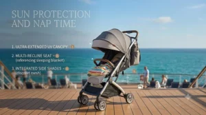 Toddler sleeping in a reclining stroller with a large sun canopy extended on a cruise ship pool deck.