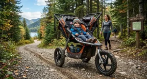 An all-terrain stroller designed for hiking trails with large air-filled tires navigating a gravel path in a state park.