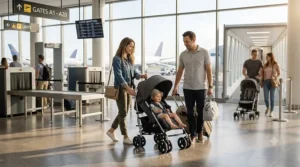 An illustration of a family walking through an airport terminal carrying a compact travel umbrella stroller.