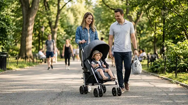 A smiling parent pushing the best umbrella stroller down a sunny city sidewalk, showcasing its lightweight design and compact fold.