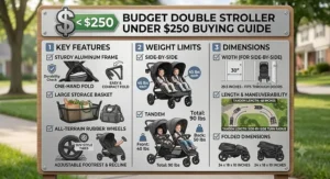 Infographic checklist detailing key features, weight limits, and dimensions to look for in a budget double stroller under $250