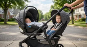 Infant car seat attached to a frame double stroller under $250 designed for a newborn and a toddler