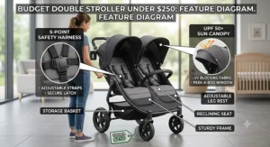 Diagram showing five point safety harnesses and UPF sun canopies on an affordable budget double stroller under $250