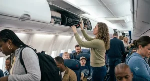 Compact foldable double stroller stored neatly inside an airplane overhead bin during family air travel.