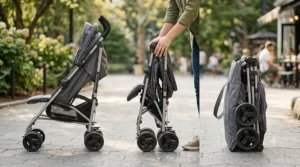 A detailed photorealistic illustration demonstrating the compact fold of the specific grey reclining umbrella stroller from the featured image.