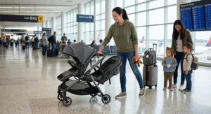 Illustration showing the quick one-hand fold of a double stroller designed for family airport travel.