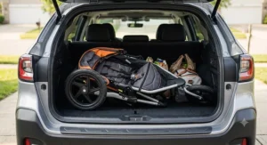 A lightweight jogging stroller folded compactly and fitting easily into the trunk of a midsize SUV.
