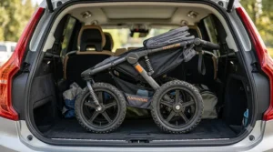 An infant jogging stroller shown folded compactly for easy storage in a car trunk.