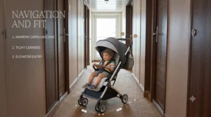 Side-by-side view showing a slim compact travel stroller navigating a narrow cruise ship stateroom hallway.