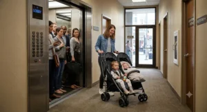 A compact twin stroller steering smoothly out of a crowded city elevator into a narrow hallway.