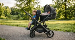 Modular convertible double stroller configured for one infant in a bassinet and one toddler in a forward-facing seat.
