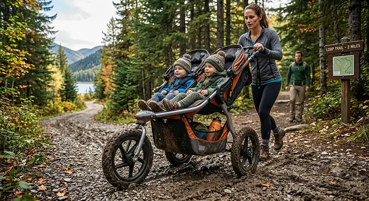 Side-by-side double stroller for hiking trails carrying two toddlers along a wide, sunlit mountain path.