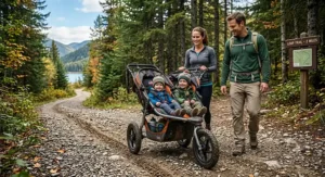 A mother and father pushing an off-road baby stroller for hiking trails while walking through a scenic national park forest.