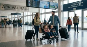 Parents navigating airport arrivals smoothly with a double stroller and luggage carrying two kids.