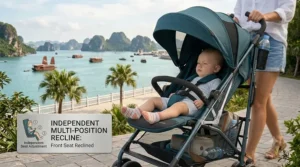 A secure five point safety harness buckled on the seat of a lightweight umbrella stroller.