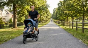 A runner pushing a fixed wheel jogging stroller at a fast pace on a straight suburban running trail.