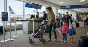 Mom folding a compact double stroller at the airline gate before boarding a flight with two children.