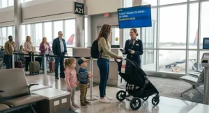 Parent handing a tagged double stroller to airline staff for gate check before boarding plane with two kids.
