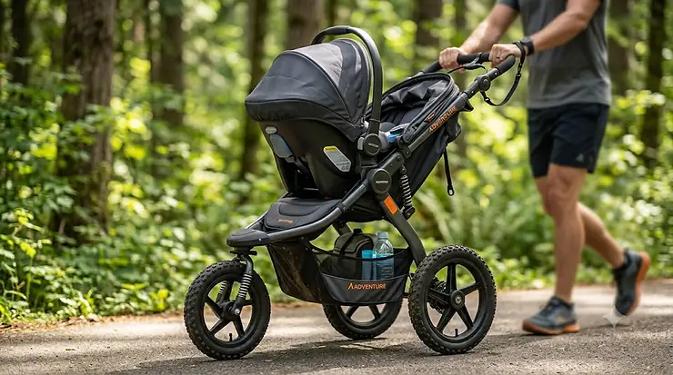 An infant car seat securely clicked into a compatible jogging stroller to create a safe travel system.