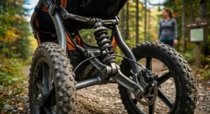 Close-up illustration of the heavy-duty suspension system on a jogging stroller built for rugged hiking trails.
