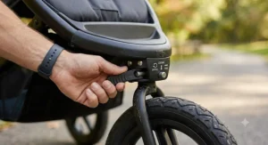 Close-up of a locking mechanism on a hybrid jogging stroller front wheel transitioning from swivel to fixed mode.