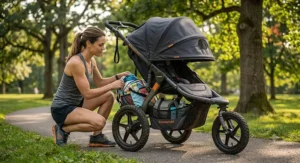 A jogging stroller for an infant showcasing a large under-seat storage basket and an extended UPF sun canopy.