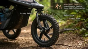Diagram showing the locking front wheel mechanism on an infant jogging stroller for high-speed stability.