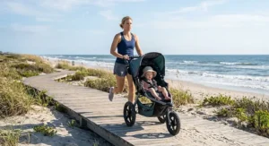 A parent jogging along a coastal boardwalk pushing a heavy-duty three-wheel stroller.