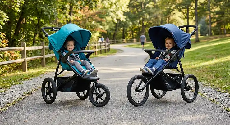 Side-by-side comparison of a jogging stroller with a swivel front wheel versus a fixed front wheel model. jogging stroller swivel vs fixed wheel
