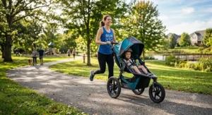 A parent running through a neighborhood park pushing a jogging stroller with air filled tires.