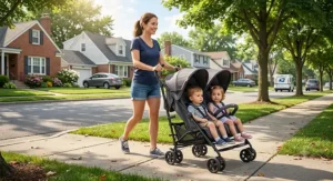 Parent pushing a lightweight double umbrella stroller under $250 along a sunny neighborhood sidewalk