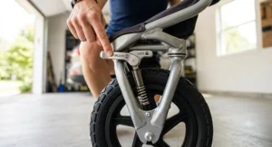 Close-up of the lockable front swivel wheel and suspension system on a lightweight jogging stroller.