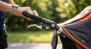Close-up of the ergonomic adjustable handlebar and hand brake on a premium lightweight jogging stroller.
