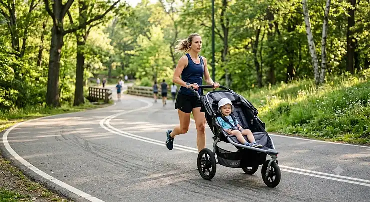 A lightweight jogging stroller being pushed by a runner on a paved park trail during a morning workout.