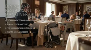 A sleek lightweight stroller parked cleanly next to a restaurant table in a cruise ship