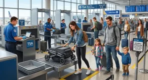 Family navigating a TSA security checkpoint with a double stroller for airport travel with two kids.